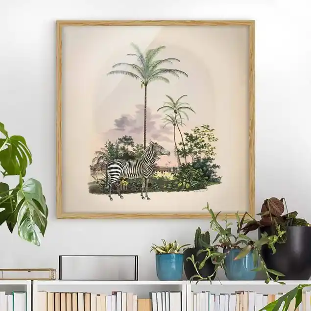Zebra vor Palmen Illustration Bild mit Rahmen in Manufakturqualität • Eiche naturbelassen • inkl. Rahmung von Hand • Made in Germany Neue Kollektion