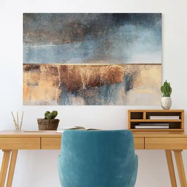 Abstraktes Seeufer in Gold Leinwandbild • hergestellt in Deutschland • langlebiges Canvas mit Holzkeilrahmen • klassische Struktur Abverkauf