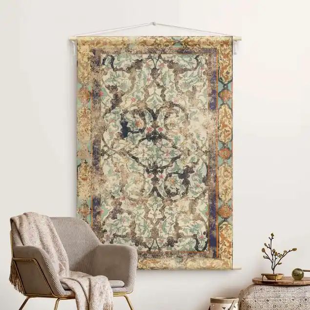 Abverkauf Altmodischer Blauer Teppich Vintage                               Wandteppich • Handarbeit aus Deutschland • inkl. Rundhölzer & Baumwollseil • lösemittelfrei • natürliche Raumwirkung
