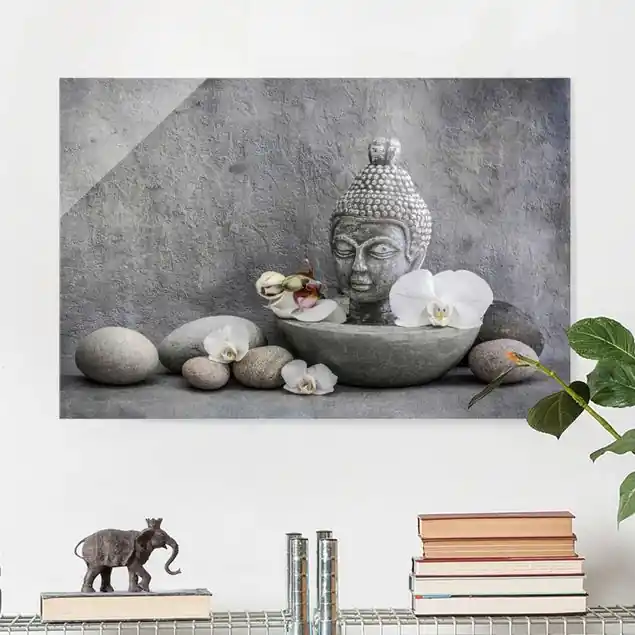 Zen Buddha, Orchideen und Steine Glasbild Top-Seller