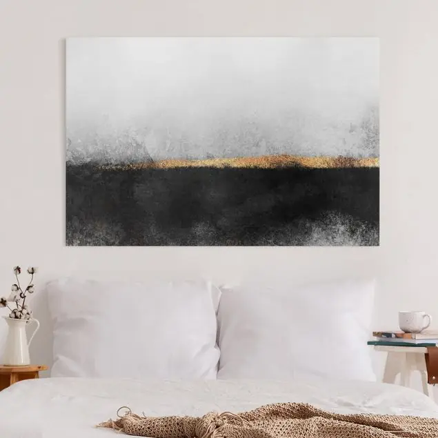 Abstrakter Goldener Horizont Schwarz Weiß Leinwandbild • hergestellt in Deutschland • langlebiges Canvas mit Holzkeilrahmen • klassische Struktur Top-Preis