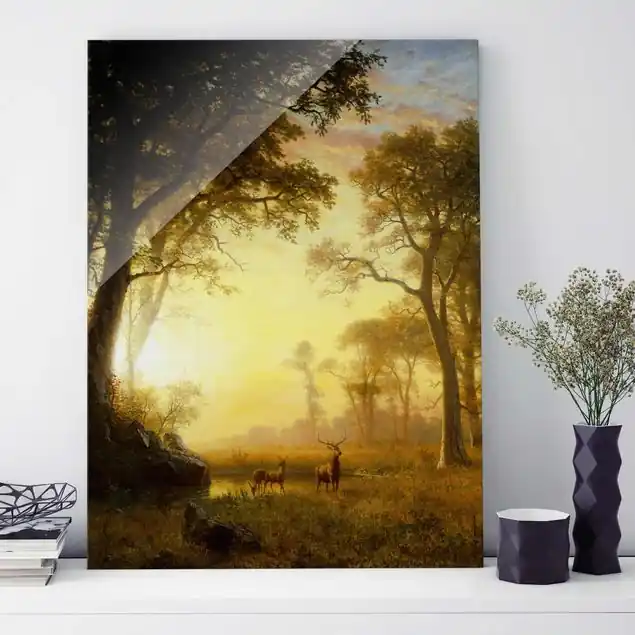 Albert Bierstadt - Sonnenbeschienene Lichtung Glasbild - Hochformat Wochenendangebot