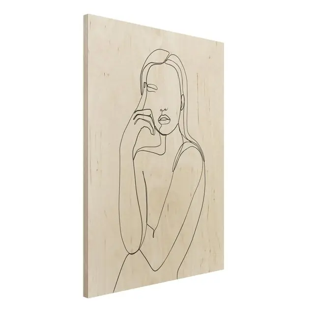 Neu Im Sortiment Line Art Nachdenkliche Frau Schwarz Weiß Holzbild - Hochformat 3:4