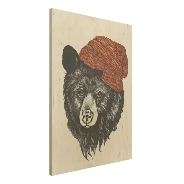 Rabatt Illustration Bär mit roter Mütze Zeichnung Holzbild - Hochformat 3:4