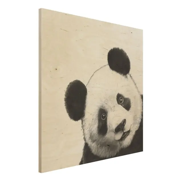 Illustration Panda Schwarz Weiß Malerei Holzbild - Quadrat Super-Preis