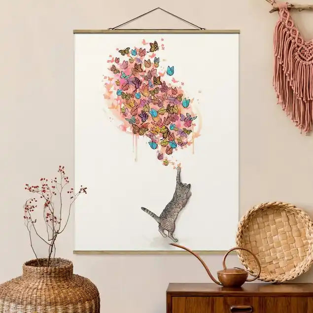 Preisknaller Illustration Katze mit bunten Schmetterlingen Malerei Stoffbild - Hochformat