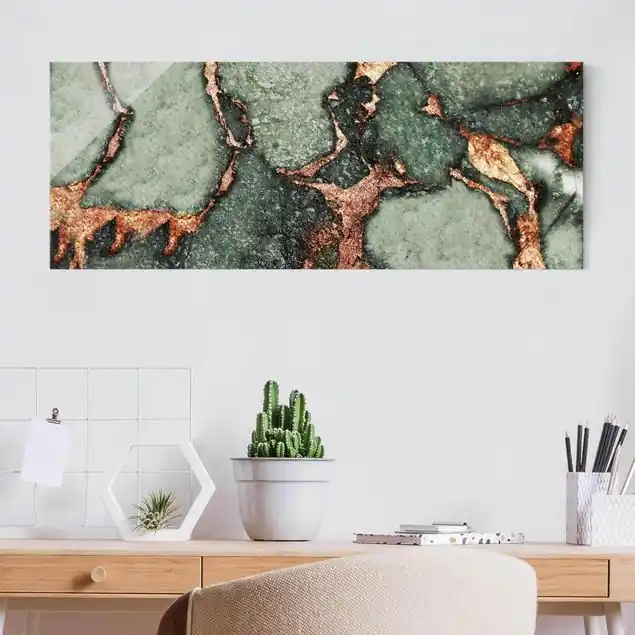 Spiel der Farben Farngrün und Gold                               Glasbild Heißes Angebot
