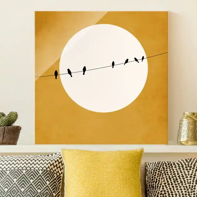 Zwitschernde Vögel in der Abenddämmerung Glasbild Expressversand
