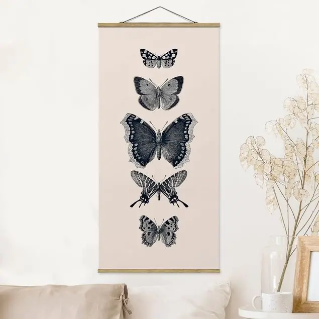 Beliebt Tusche Schmetterlinge auf Beige Stoffbild