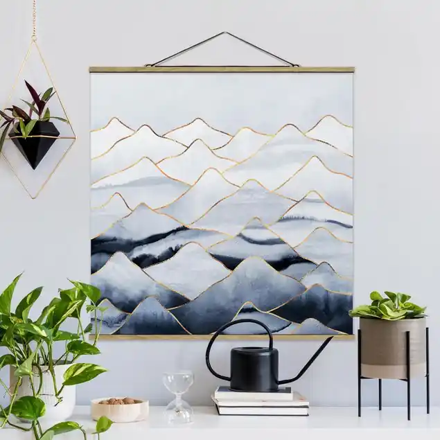 Neu Im Sortiment Aquarell Berge Weiß Gold                               Stoffbild - Quadrat