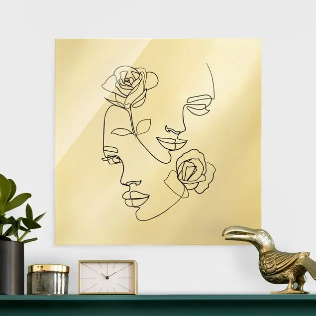 Kostenloser Versand Line Art Gesichter Frauen Rosen Schwarz Weiß Glasbild