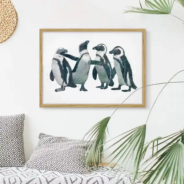 Illustration Pinguine Schwarz Weiß Aquarell Bild mit Rahmen - Querformat Neuheit