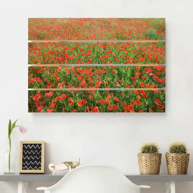 Echt Mohnblumenfeld Holzbild Plankenoptik - Querformat