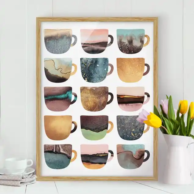 Bunte Kaffeetassen mit Gold                               Bild mit Rahmen - Hochformat Rabatt