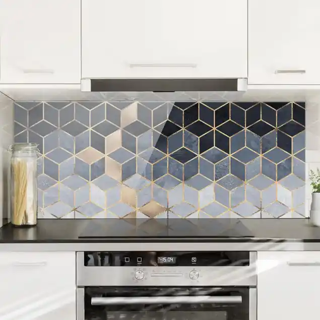Blau Weiß goldene Geometrie Glas Spritzschutz - Panorama Neu Im Sortiment