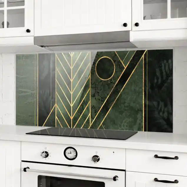 Geometrische Formen Smaragd Gold Glas Spritzschutz - Panorama Ausverkauf