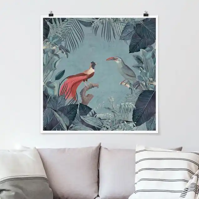 Blaugraues Paradies mit tropischen Vögeln Poster Begrenztes Angebot