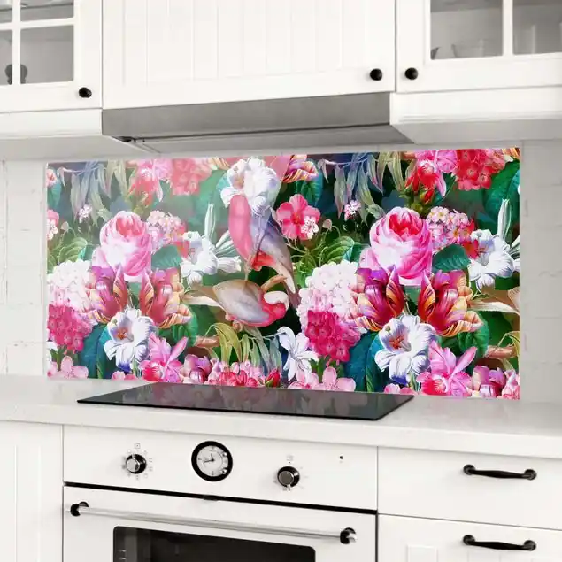 Bunte Tropische Blumen mit Vögeln Pink Spritzschutz Begrenztes Angebot