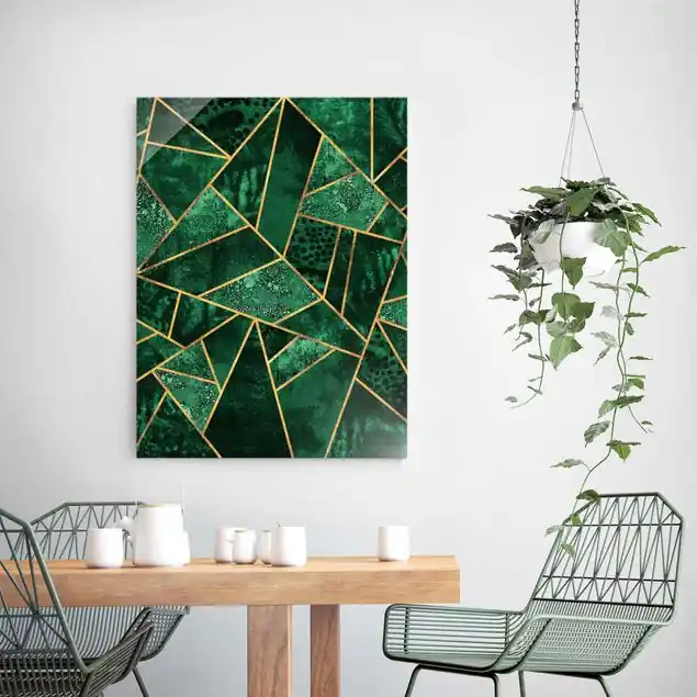 Dunkler Smaragd mit Gold Glasbild - Hochformat Abverkauf
