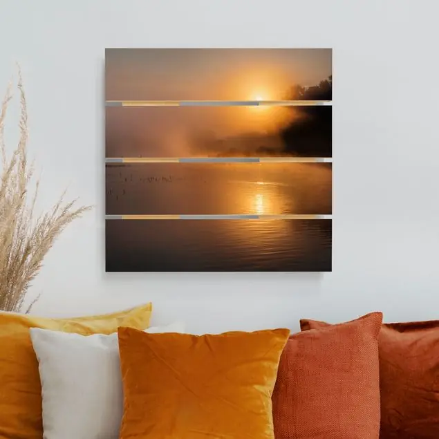 Sonnenaufgang am See mit Rehen im Nebel Holzbild Plankenoptik - Quadrat Begrenztes Angebot