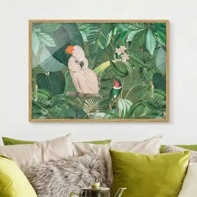 Abverkauf Vintage Collage - Kakadu und Kolibri                               Bild mit Rahmen - Querformat