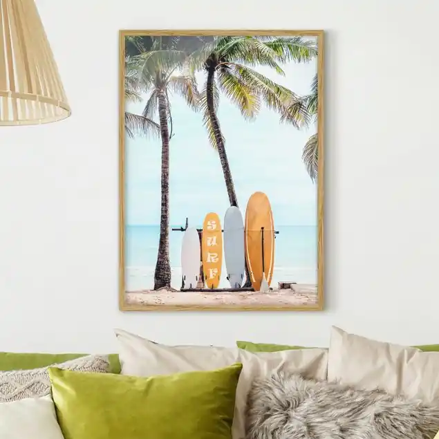 Meistverkauft Gelbe Surfboards unter Palmen Bild mit Rahmen