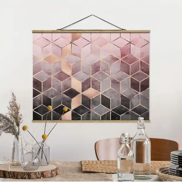 Rosa Grau goldene Geometrie Stoffbild - Querformat Begrenztes Angebot