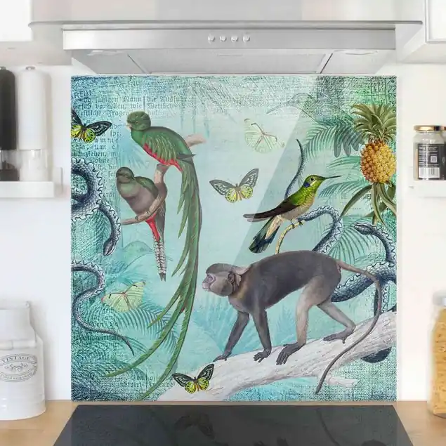 Markenware Colonial Style Collage - Äffchen und Paradiesvögel                               Spritzschutz