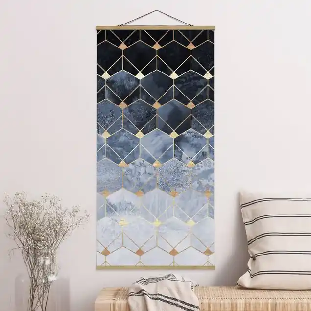 Blaue Geometrie goldenes Art Deco Stoffbild - Hochformat Bestseller