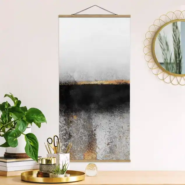Abstrakter Goldener Horizont Schwarz Weiß Stoffbild - Hochformat Meistverkauft