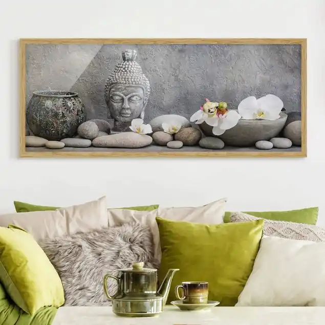 Zen Buddha mit weißen Orchideen Bild mit Rahmen Top-Preis