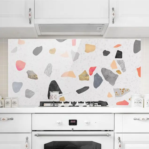 Geprüft Weißer Terrazzo mit Goldsteinchen Glas Spritzschutz - Querformat 2:1