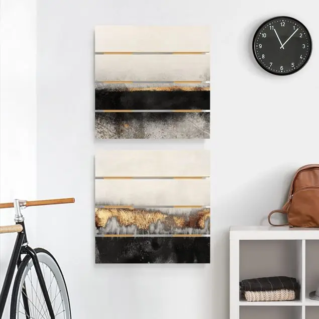 Abstrakte Goldene Horizonte in Aquarell                               2-teiliges Holzbild Plankenoptik - Quadrat Expressversand
