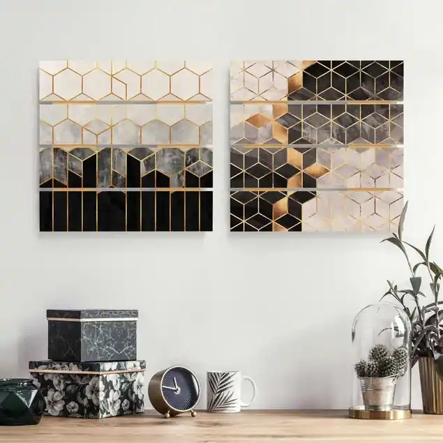 Goldene Geometrie Aquarell Set                               2-teiliges Holzbild Plankenoptik - Quadrat Expressversand
