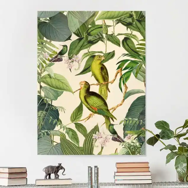 Abverkauf Vintage Collage - Papageien im Dschungel                               Glasbild - Hochformat