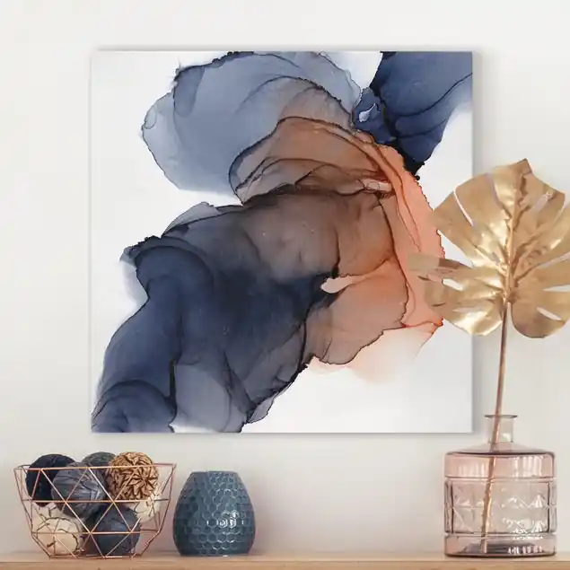 Aktuell Ozeantropfen Blau-Orange mit Gold Leinwandbild – Canvas