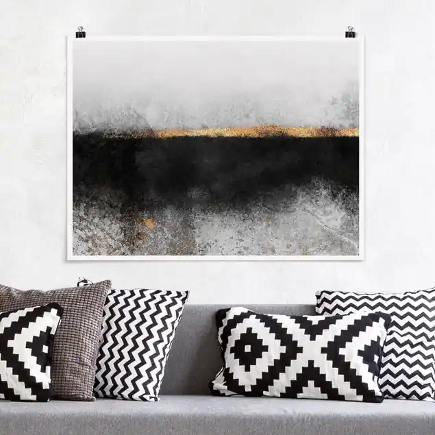 Abstrakter Goldener Horizont Schwarz Weiß Poster - Querformat Geprüft