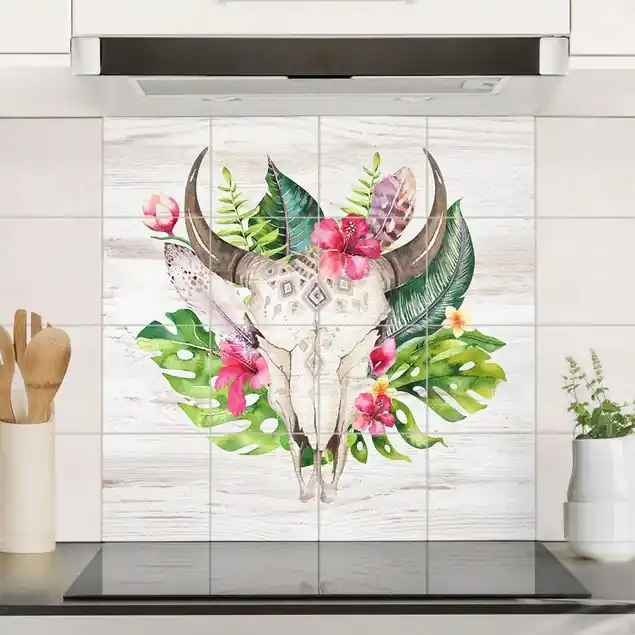 Tropical Flower Skull Fliesenbild - Quadrat Echt